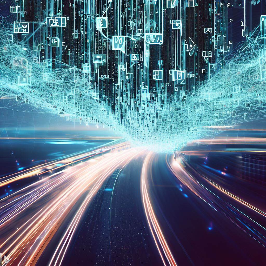 AI generated image of a futuristic digital highway with branching routes and packets flying and a futuristic city